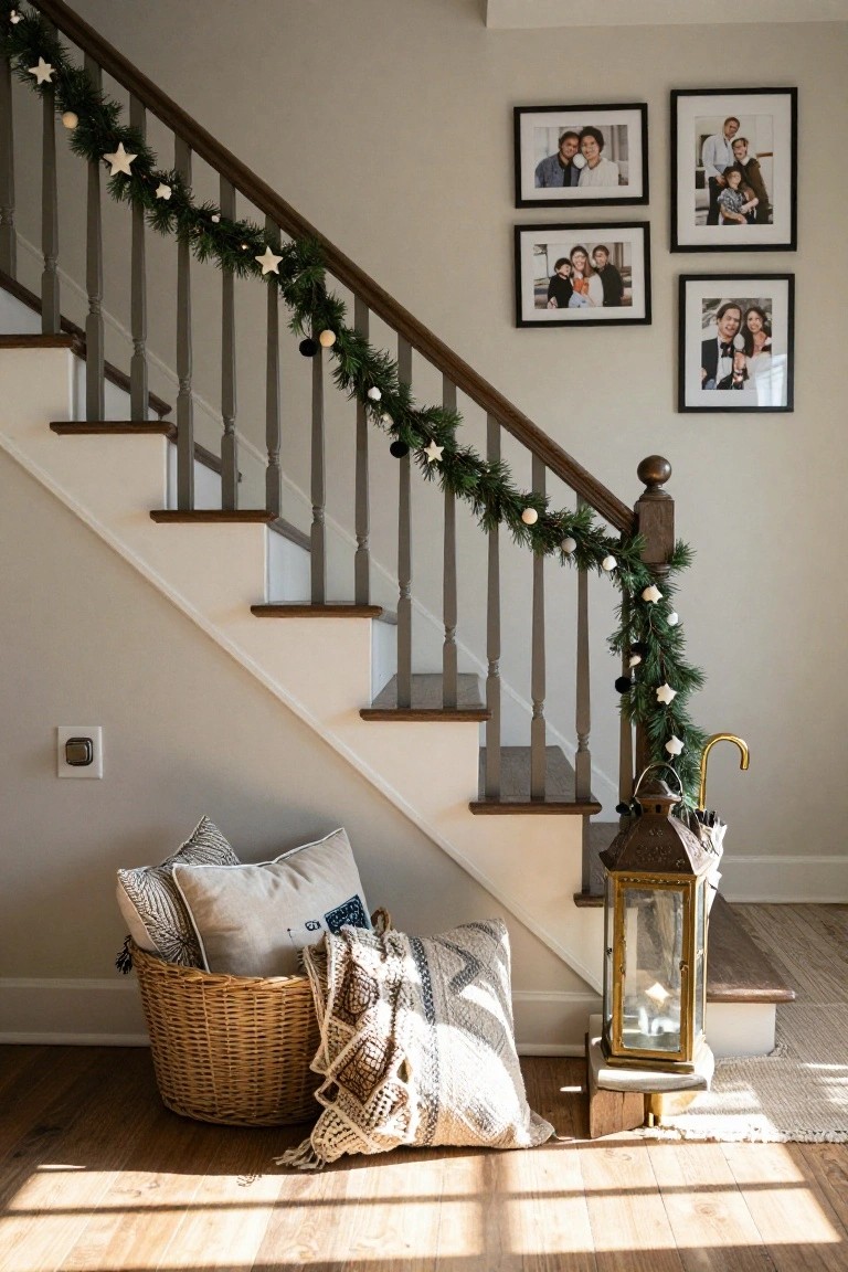 Wooden staircase with gray metal railings wrapped in green Christmas garland adorned with white stars and pom poms, four black-framed family photos on the beige wall, brass lantern with umbrella nearby, and wicker basket of pillows and throw on the hardwood floor at the base.