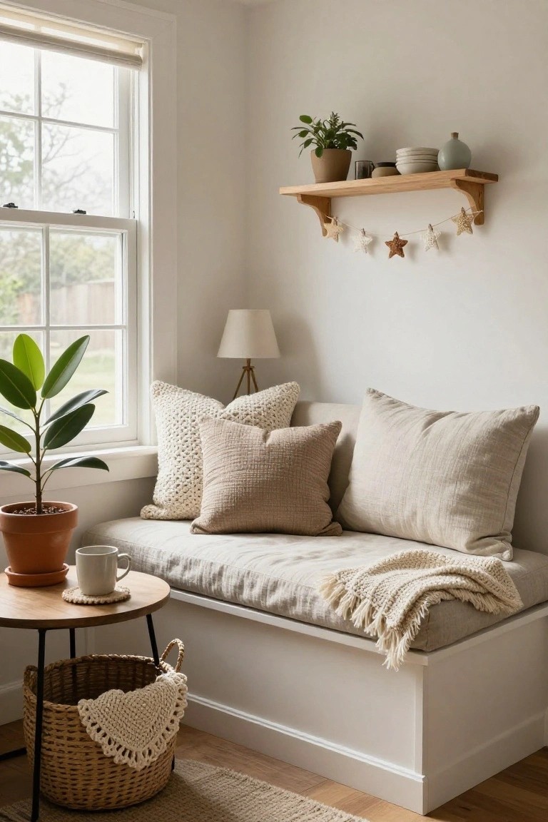 White interior corner with built-in window bench topped by beige linen cushions, knit pillows, and fringed throw blanket, wooden shelf holding plants, pottery, and glasses with crochet star garland hanging below it, side table with mug and coaster, potted plants, lamp, and wicker basket nearby.