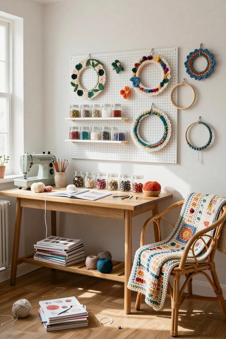 White pegboard wall in a craft room displaying multiple colorful crochet wreaths and embroidery hoops with yarn balls, beads in jars on shelves, wooden desk, sewing machine, and rattan chair nearby.