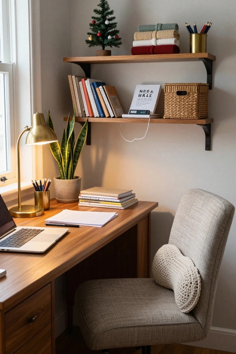 Home office corner with wooden desk, open laptop, stacks of books and notebooks, wooden shelves with small Christmas tree, folded towels, books, wicker basket, snake plant, desk lamp, and beige chair with white crocheted lumbar pillow.