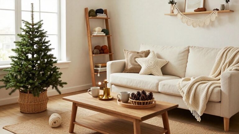 23 Crochet Christmas Decor Ideas That Feel Handmade and Heartfelt Cozy beige living room corner with small lit Christmas tree in woven basket, cream sofa topped with white crochet star pillows and throw blanket, wooden coffee table holding candles and mugs, open wooden shelves displaying books yarn balls and draped crochet garland, near window with sheer curtains.