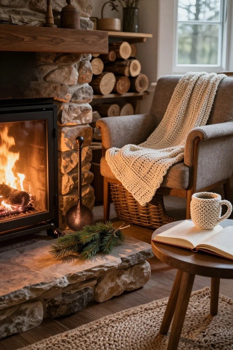 Cozy living room with stone fireplace, armchair, open book, and knitted blanket.