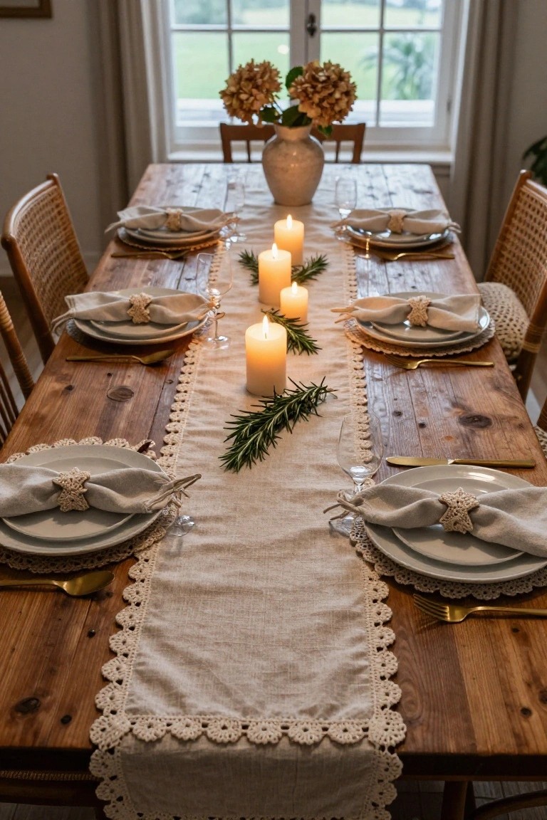 Rustic wooden dining table set with beige crochet lace-edged table runner centered along the length, flanked by white plates, gold flatware, white napkins with crochet star and shell rings, pillar candles, rosemary branches, wine glasses, rattan chairs, large window showing fields and hydrangea vase nearby.