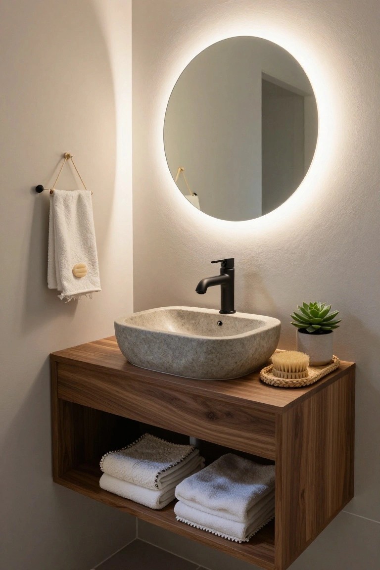 Modern bathroom with floating walnut vanity holding gray stone vessel sink and black faucet, round mirror with LED backlight, white fringed towel hanging from wooden hook on wall, rattan tray with succulent plant and brushes on counter, and stacked white towels in open shelf underneath