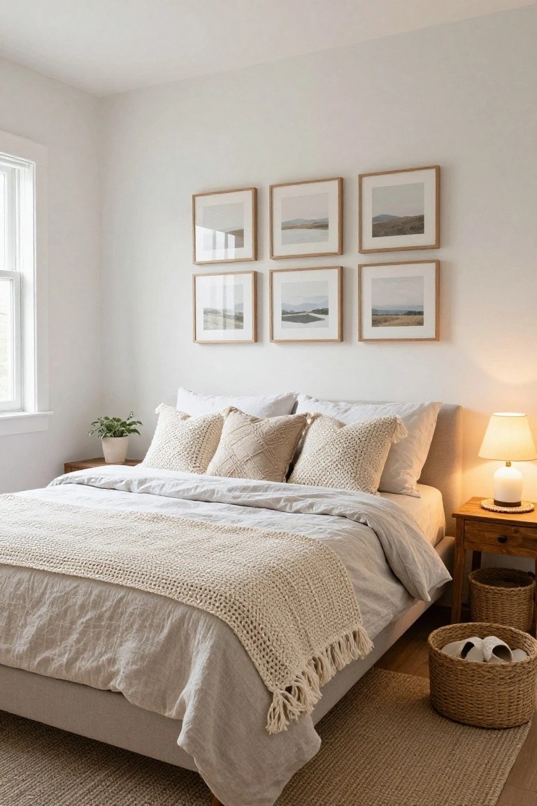 A bedroom corner showing a low platform bed with white linen bedding, cream knit pillows and throw blanket with fringe, wooden nightstand holding a lamp and potted plant, neutral framed landscape photos on the wall, seagrass rug on hardwood floor, and wicker baskets with slippers nearby.