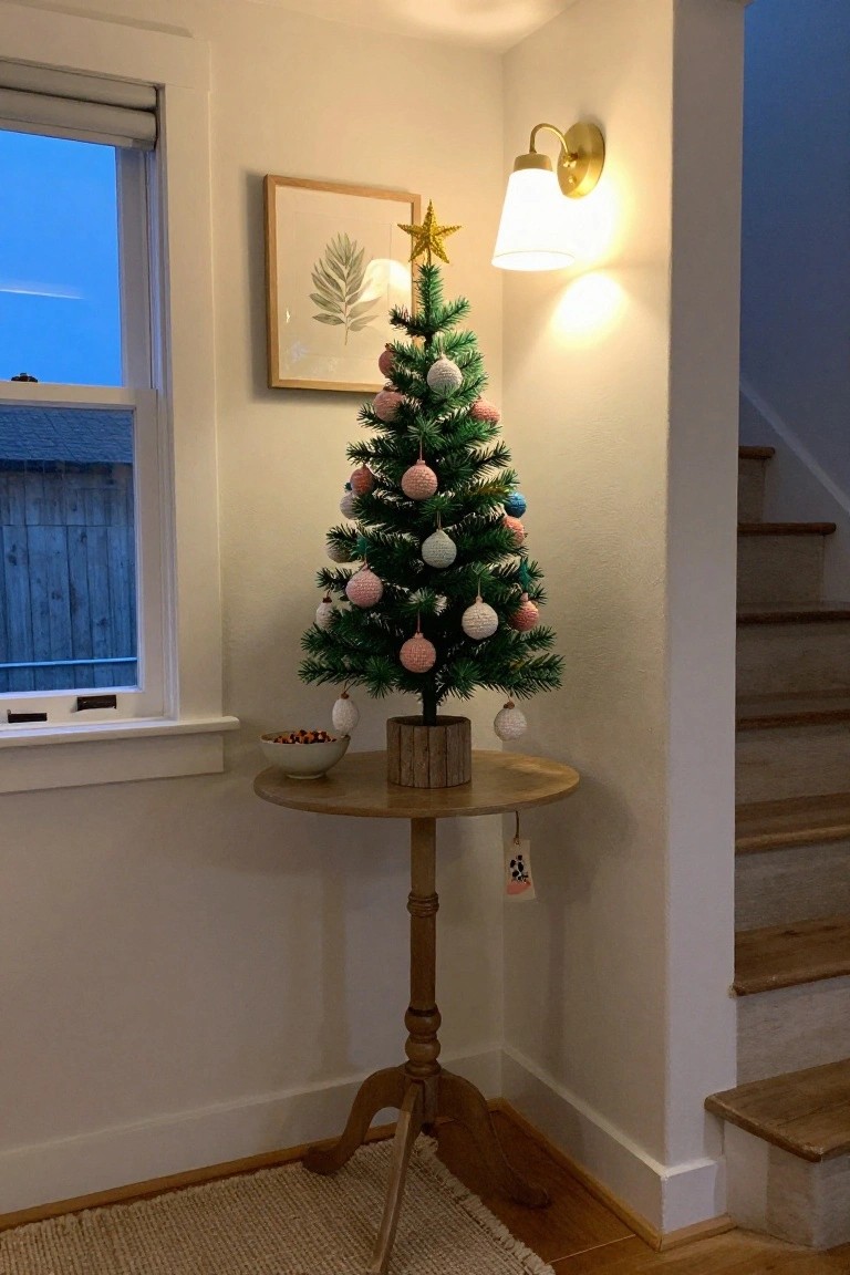 Small artificial Christmas tree decorated with colorful crochet ball and star ornaments on a round wooden pedestal table in a light-colored indoor room corner beside a window and stairs.
