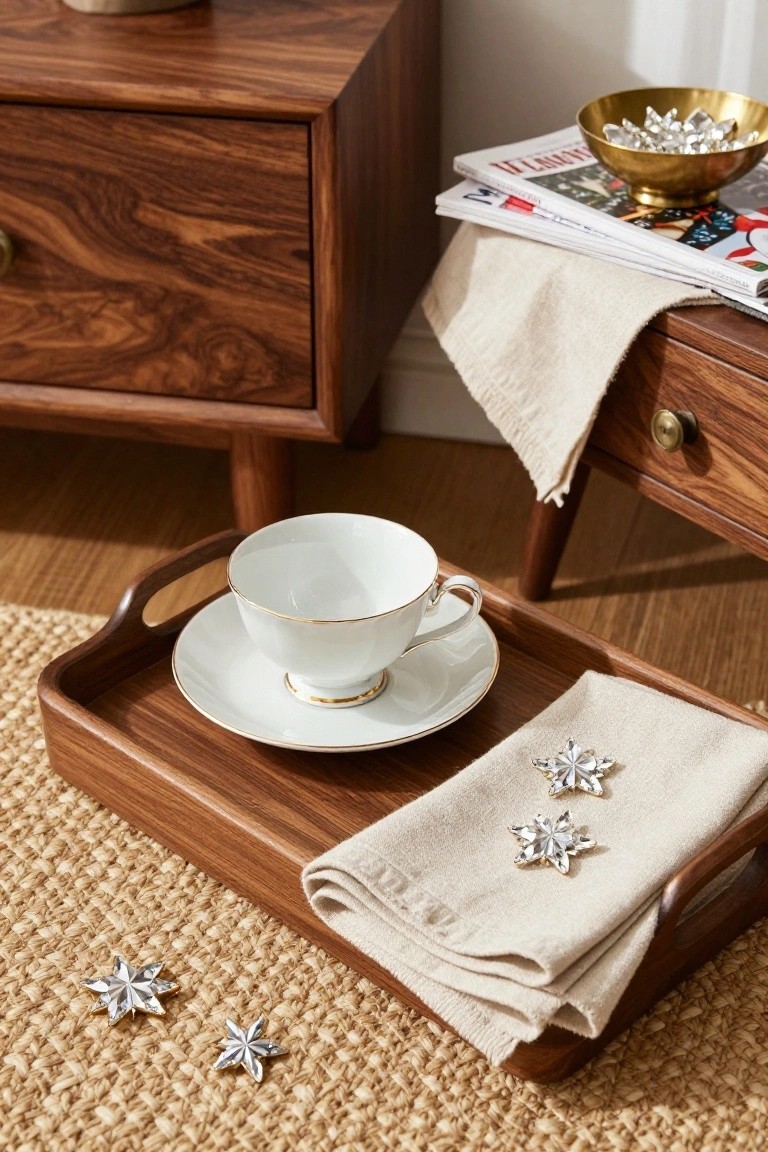 Wooden tray with handles on a jute rug holding a white porcelain teacup and saucer with gold rims, two beige folded napkins each pinned with a silver crystal star brooch, next to a wooden side table with stacked magazines, a gold bowl of crystals, and a beige cloth.