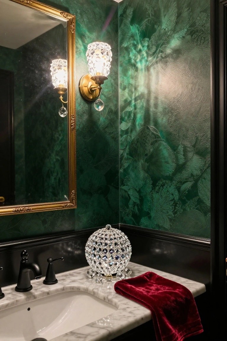 Green textured wall in a bathroom with gold-framed mirror, black faucet on white marble vanity holding a large faceted crystal orb, small crystals, red towel, and crystal sconces.