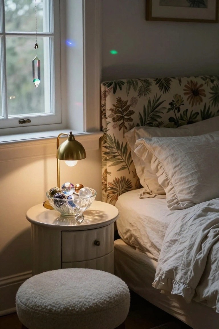 Bedroom corner showing a white round nightstand with a glass bowl of colorful crystal and glass Christmas ornaments, brass arched lamp lit up, beside a bed with white linens and floral-patterned upholstered headboard, window with hanging crystal prism.