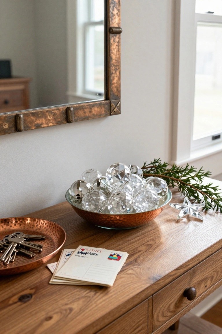 Hammered copper bowl on wooden console table filled with clear faceted glass spheres and rosemary sprigs, next to keys in another copper dish and stacked postcards, beside a copper-framed mirror and window.