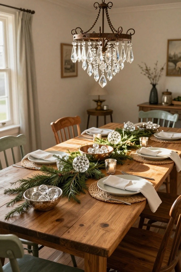 Wooden dining table decorated for Christmas with pine garland runner, crystal ornaments in metal bowls, white plates on seagrass placemats, candles, and chairs in a sunlit room with chandelier overhead.