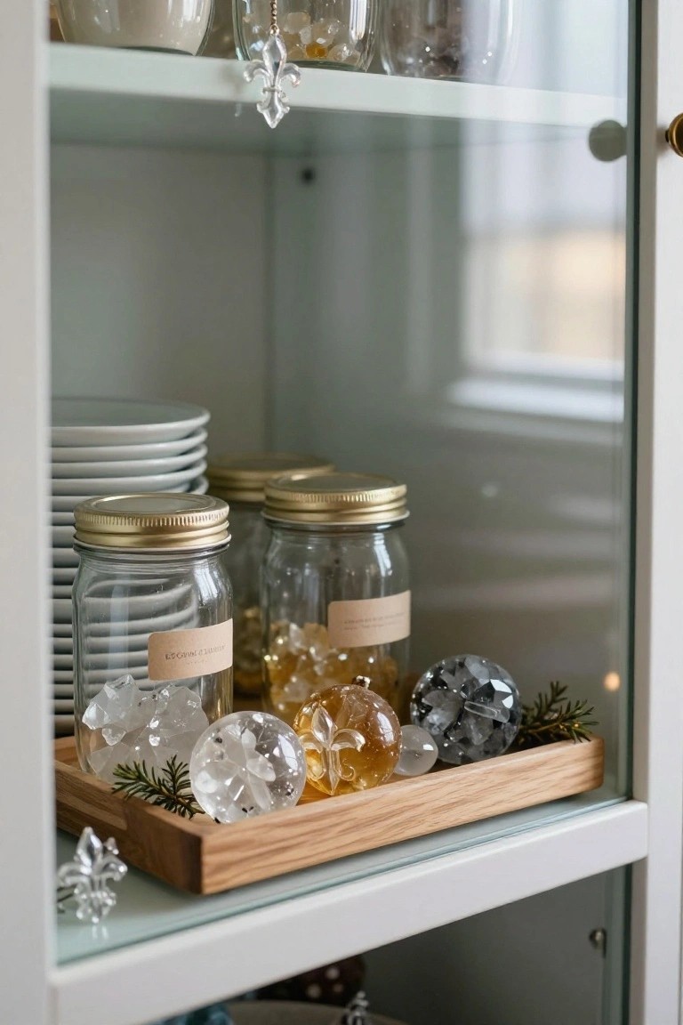 Interior of a pale green glass-fronted cabinet displaying stacked white plates, two glass jars filled with crystals, crystal ornaments on a wooden tray with greenery, and hanging crystal shapes.