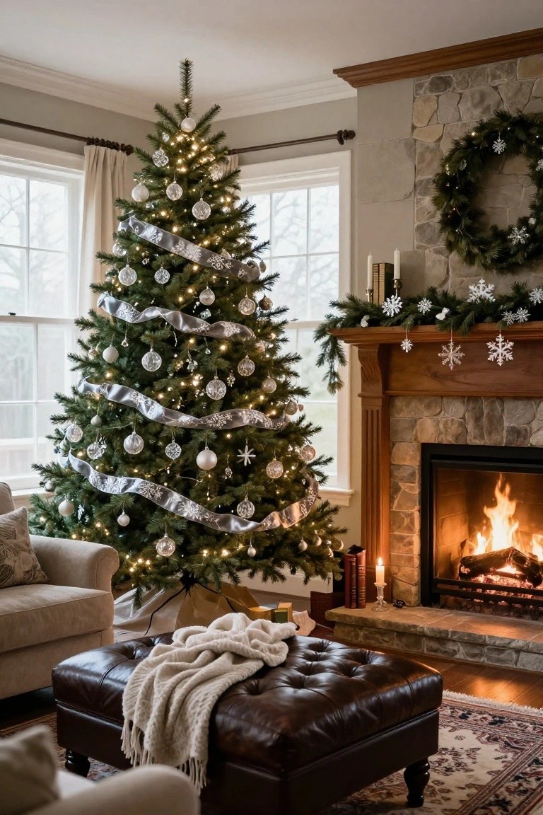 Living room corner with a tall Christmas tree decorated in crystal ball ornaments, snowflake garlands, and silver ribbon, next to a stone fireplace with fire burning and nearby sofa and ottoman.