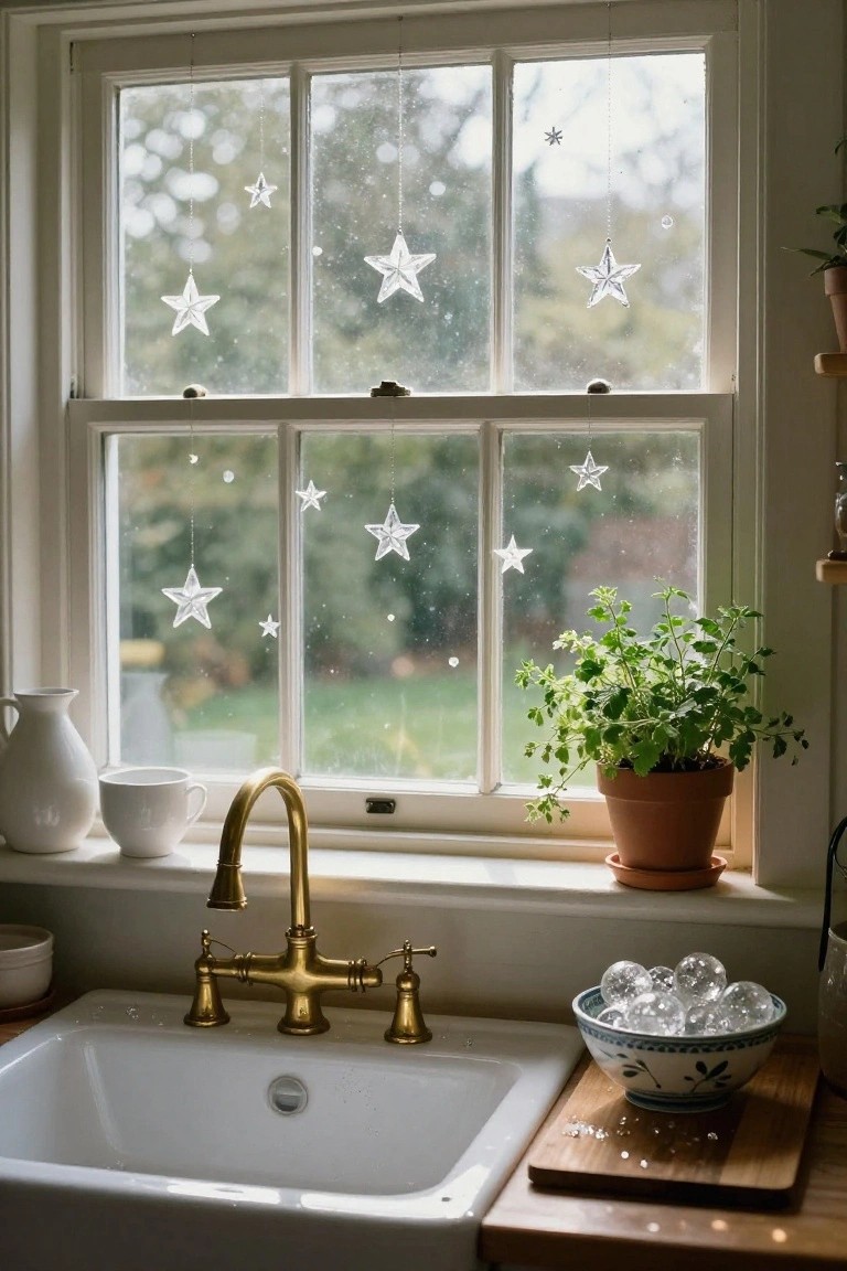 Kitchen window above a white farmhouse sink with gold faucet, decorated with hanging clear crystal star ornaments, a potted green herb plant nearby, white pitcher and cup on the sill, and a blue-and-white bowl of clear ice orbs on the wooden cutting board beside the sink.