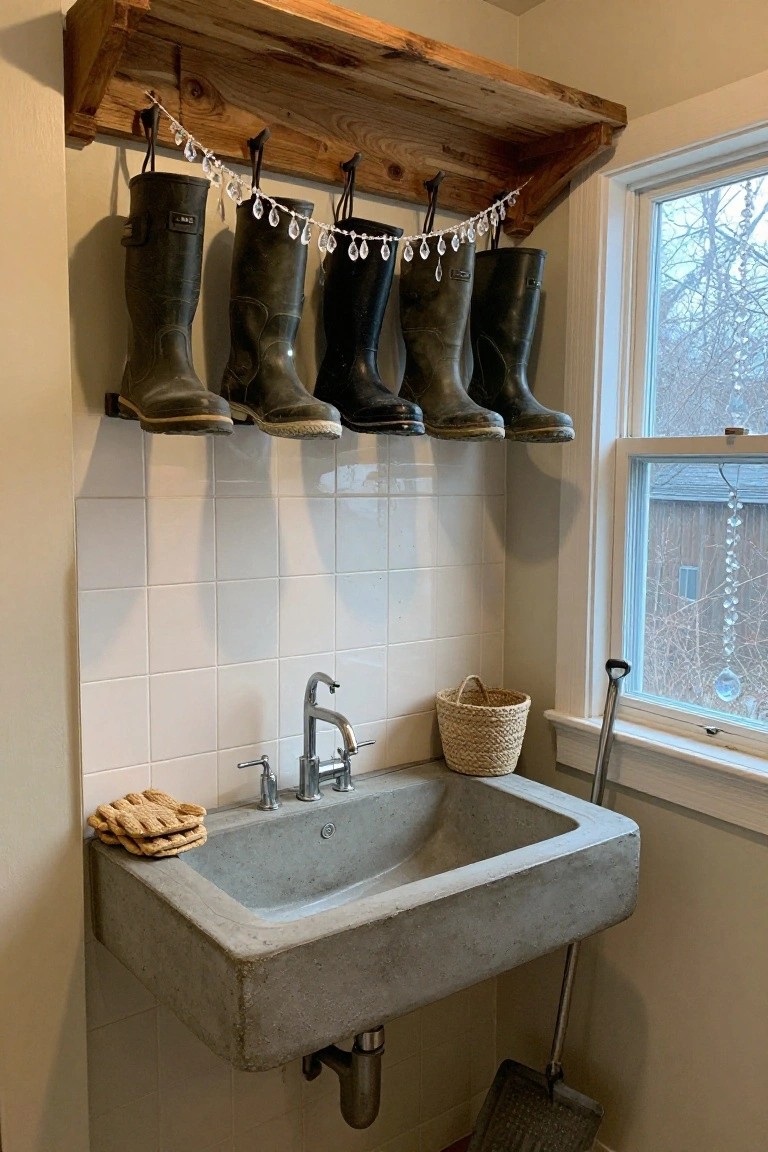 Wooden wall shelf with hooks holding four pairs of black rubber boots, draped with crystal bead garlands, above a gray concrete sink in a white-tiled room with a window and broom nearby.