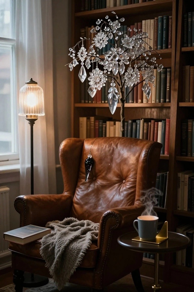 Leather wingback armchair with wool blanket and open book in a wood-paneled library room, beside bookshelves with a tall crystal tree sculpture, floor lamp, and side table holding a mug.
