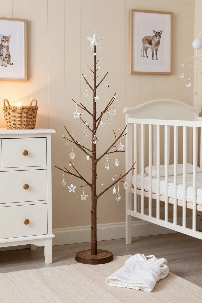 Nursery with white crib, changing table, twig Christmas tree hung with crystal star and drop ornaments, cat and deer artwork on walls, wicker basket with candle on floor.