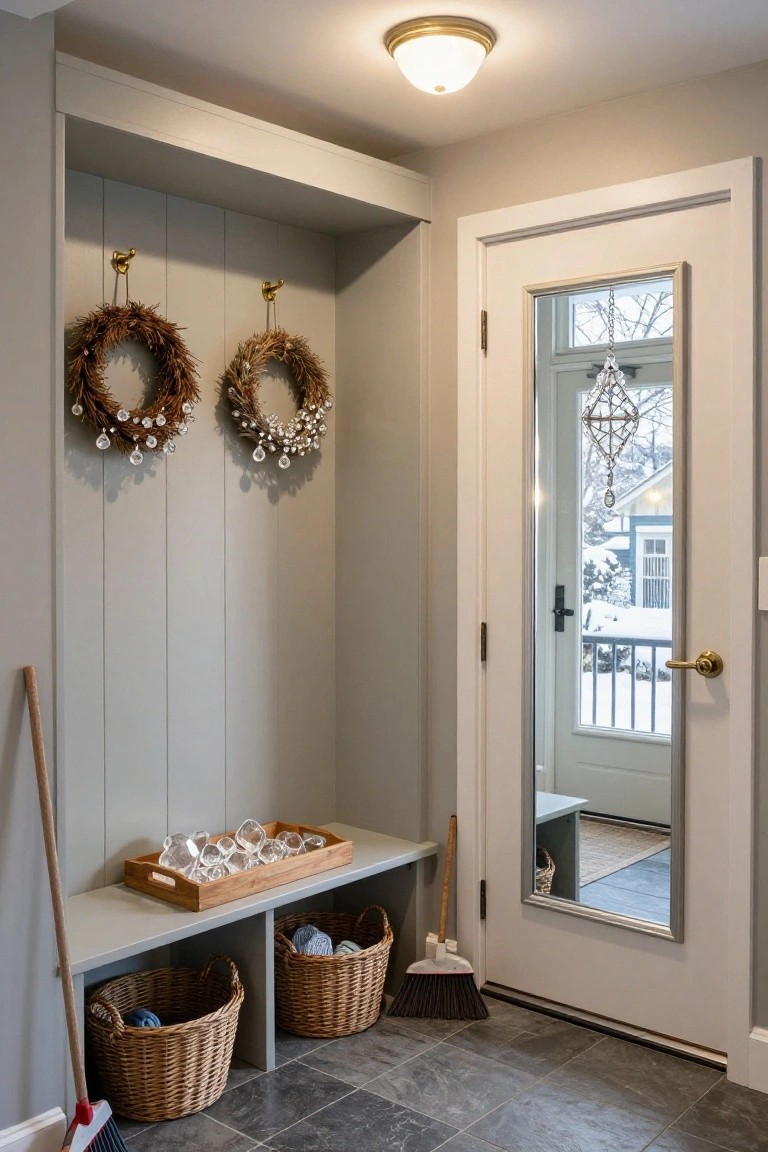 Gray paneled mudroom corner with built-in bench holding wooden tray of faceted glass pieces and two woven baskets, brass hooks with two crystal-beaded wreaths, brooms leaning nearby, and white glass door to snowy exterior.