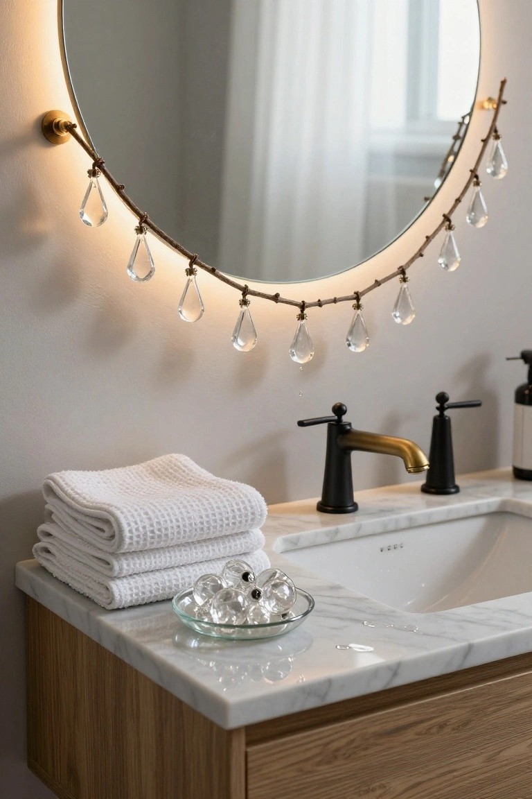 Round backlit mirror edged with a garland of dangling crystal teardrops above a marble bathroom vanity holding a white sink, black and gold faucet, stacked white towels, soap dispenser, and glass dish of clear spheres on an oak cabinet base.