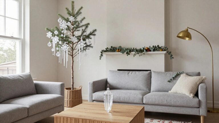 Slender Christmas tree decorated with white crystal snowflake ornaments and icicle strands standing in a living room corner beside a white marble fireplace, gray sofa, and gold floor lamp.