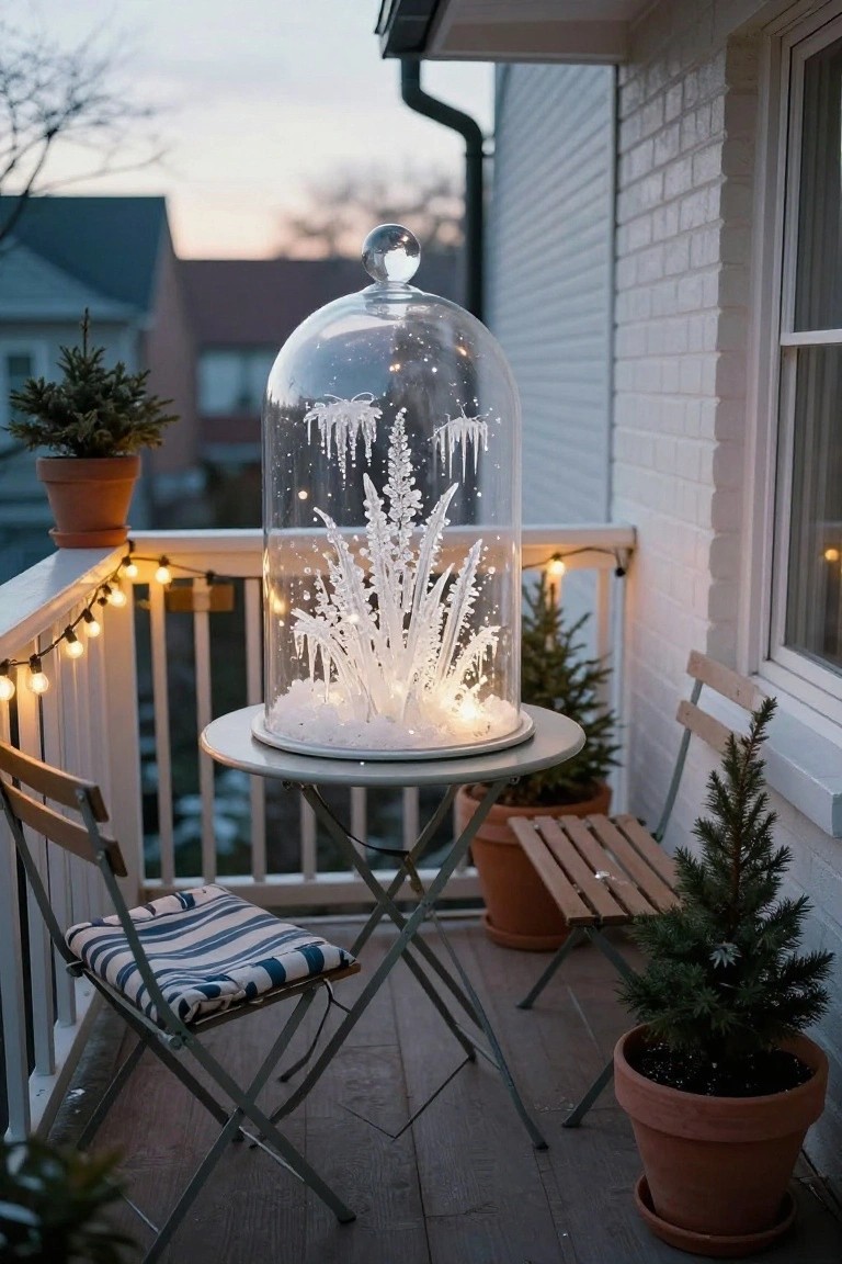 A large clear glass dome filled with white icy branches and white lights sits on a round metal table on a balcony with folding chairs, potted small trees, string lights along the railing, and brick walls at dusk.