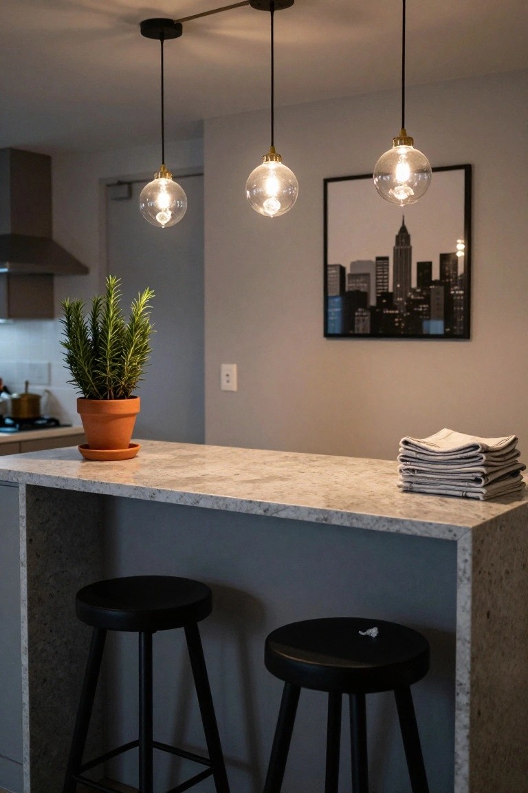 Kitchen bar area featuring three hanging clear glass globe pendant lights over a light gray quartz countertop, with a potted rosemary plant, stack of white folded napkins, and two black leather stools.