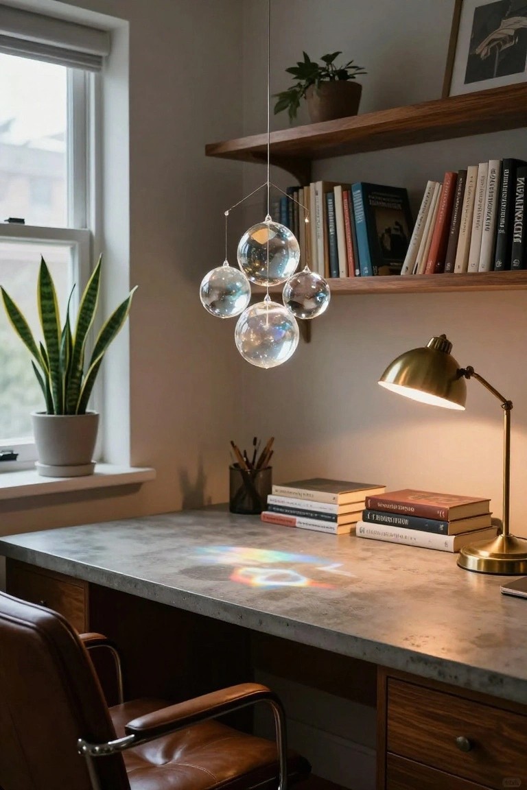 Modern home office with gray concrete desk showing rainbow light reflections, brown leather chair, brass adjustable lamp, stacked books, wooden bookshelves, potted snake plant and shelf plants, and cluster of four hanging clear glass orb lights.