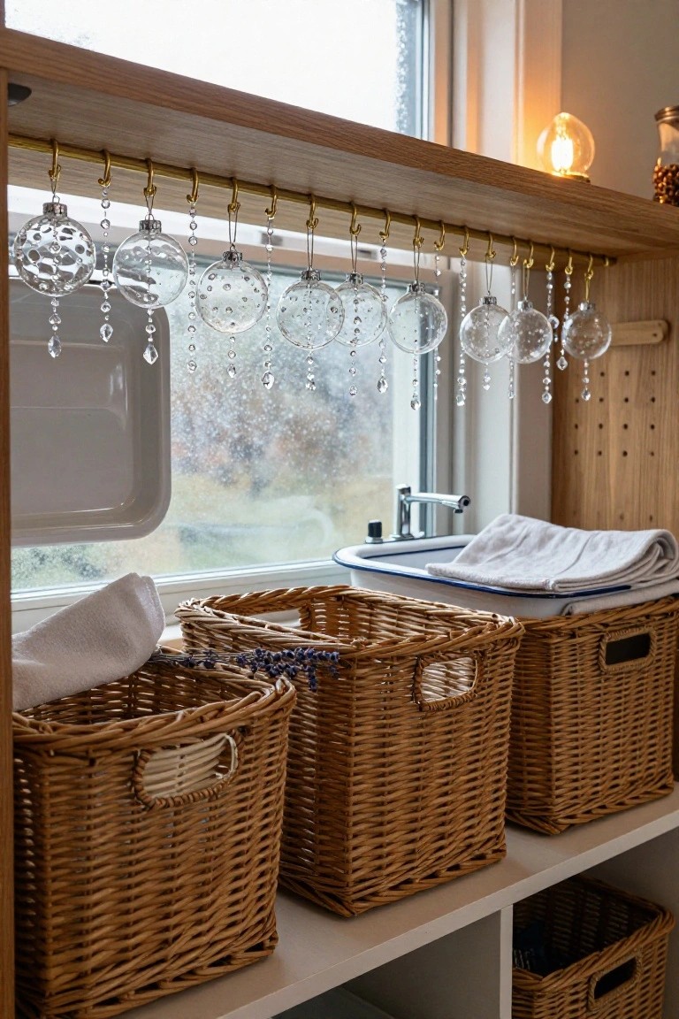 Clear crystal Christmas ornaments hanging from gold hooks on a wooden shelf rail above a white enamel sink by a window, with wicker baskets and linens on shelves below.
