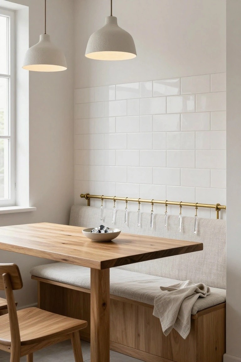 Kitchen nook with wooden table holding a white bowl of clear crystals, beige booth seating, white subway tile wall with brass rail and hanging crystal drops, wooden chairs, and white pendant lights.