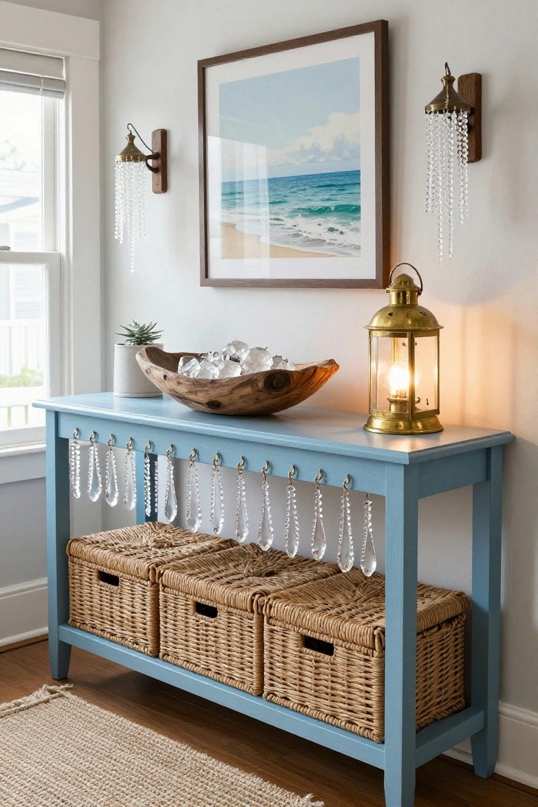 Turquoise console table with wicker baskets underneath and hanging crystal bead strands from front knobs, topped with a wooden bowl of clear crystals, brass lantern, and succulent, beside a window and beach art.