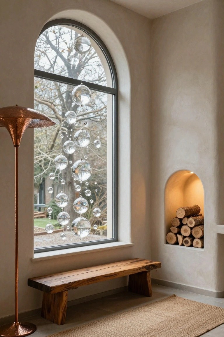 Interior corner with tall arched window hung with strings of clear glass spheres, copper floor lamp nearby, wooden bench, beige walls, and recessed niche holding firewood.