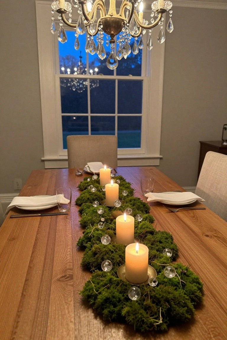 Wooden dining table set for two with a green moss garland runner embedded with clear glass beads and several lit pillar candles, white napkins, plates, glassware, under a chandelier near a window at dusk.