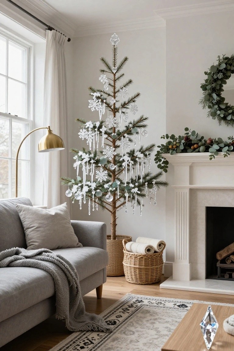 Slender Christmas tree decorated with white crystal snowflake ornaments and icicle strands standing in a living room corner beside a white marble fireplace, gray sofa, and gold floor lamp.