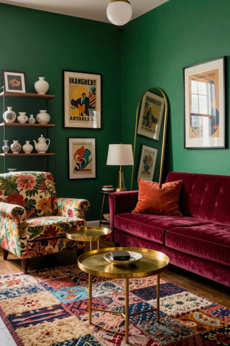 Living room with emerald green walls, red velvet sofa with orange pillows, floral armchair, two gold side tables, multicolored rug, shelves holding white ceramics, art posters, brass lamp, and arched mirror.