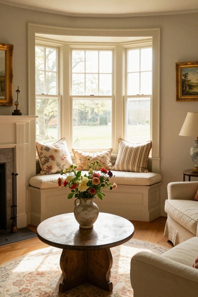 Bay window seat with floral and striped cushions in a light-colored living room featuring a fireplace, round wooden table with vase of flowers, and armchair nearby.