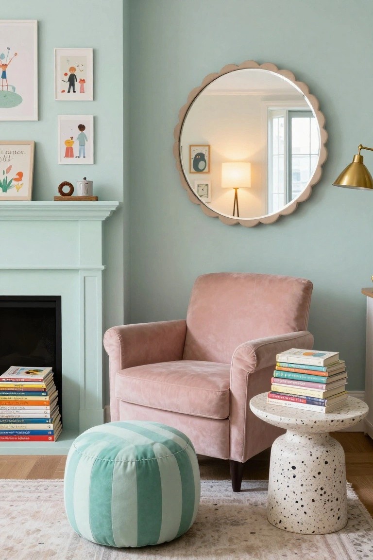 Mint green living room corner featuring a pink velvet armchair, green striped pouf, white speckled side table with stacked books, fireplace, whimsical wall art, and large scalloped mirror.