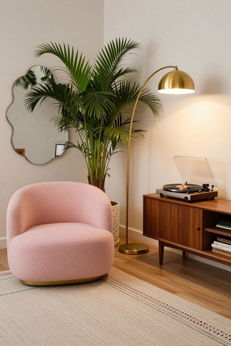 A living room corner with a round pink bouclé armchair next to a tall potted palm plant, gold arc floor lamp, wavy wall mirror, and wooden credenza with record player on a light wood floor and striped rug.