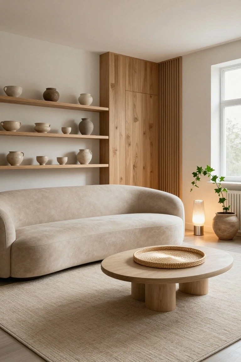 A large curved beige bouclé sofa sits on a light rug in a minimalist living room with wooden open shelving displaying ceramic pottery, an oval wooden coffee table holding a rattan tray, a floor lamp, potted plant, and window with ivy.