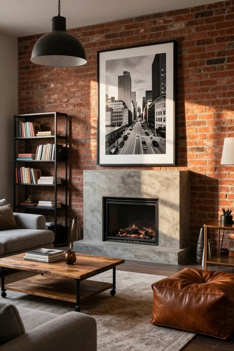 Modern living room with exposed red brick accent wall, concrete fireplace with gas flames, black metal bookshelves stocked with books, gray L-shaped sofa, wooden coffee table on wheels, brown leather cube ottoman, and beige rug.