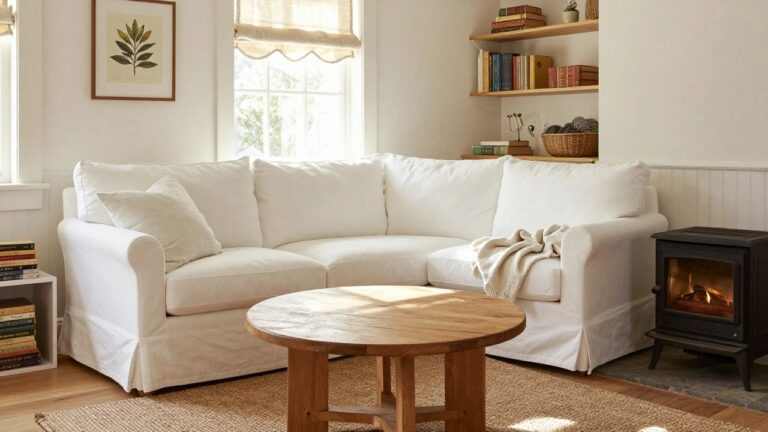 Bright living room with white slipcovered sofa facing a black multi-fuel stove in a stone fireplace, wooden coffee table, books on the mantel, plants, and window with linen shade.