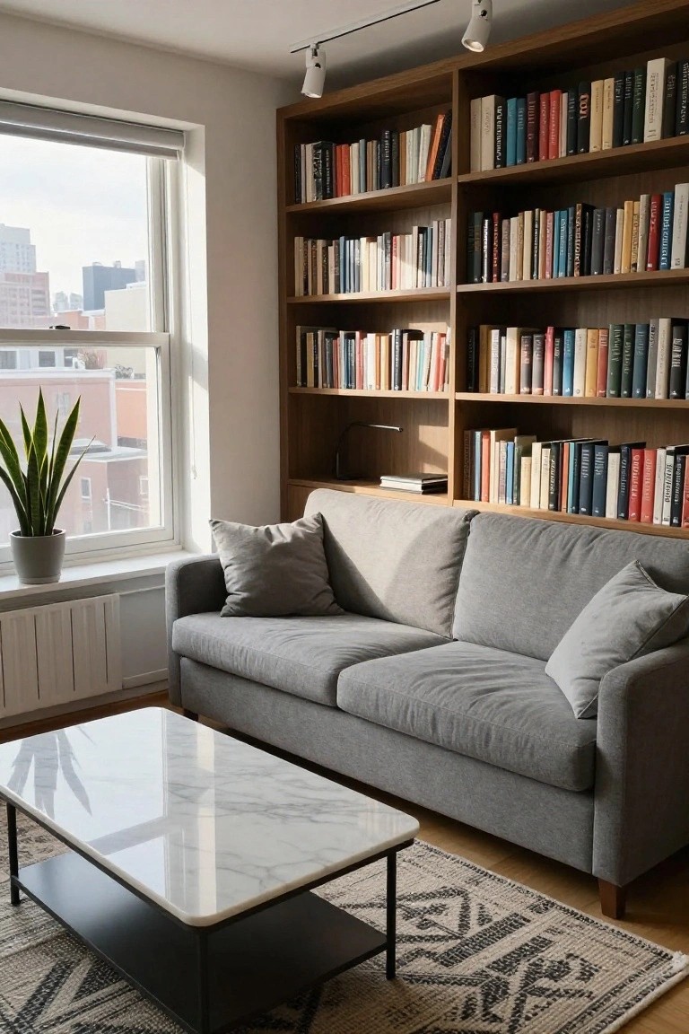 Living room corner with tall wooden bookshelves filled with colorful books along two walls, light gray sofa with pillows, low marble-top coffee table on patterned rug, potted snake plant near large window with city view and radiator below.
