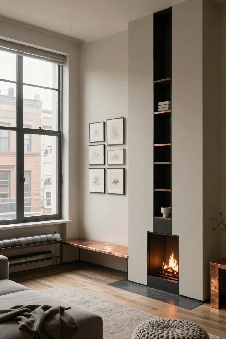 Tall built-in wooden shelves integrated into a pale wall flanking a black-framed gas fireplace in a modern living room with a copper bench, gray sofa, large window overlooking brick buildings, and wood floors.