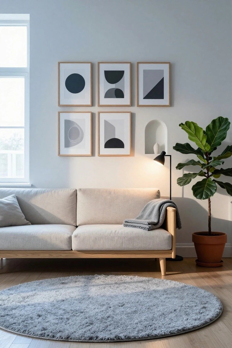 Light gray living room with a beige linen sofa on wooden legs draped in a gray throw blanket, five framed abstract black white and gray geometric prints arranged on the wall above, large potted fiddle leaf fig plant beside a black arc floor lamp, and round fluffy gray rug on light wood floors.