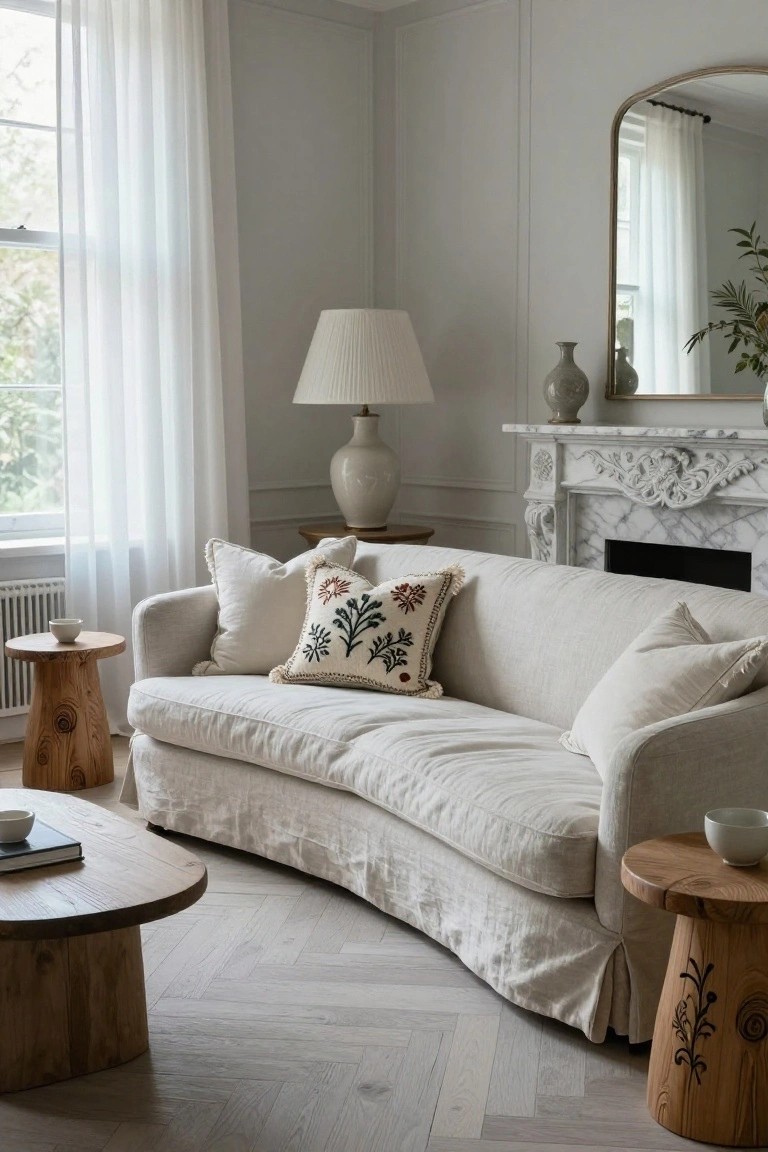 A curved sofa with white linen slipcover and embroidered pillows sits in a light gray living room with wood furniture, marble fireplace, lamp, and sheer curtains over a window.