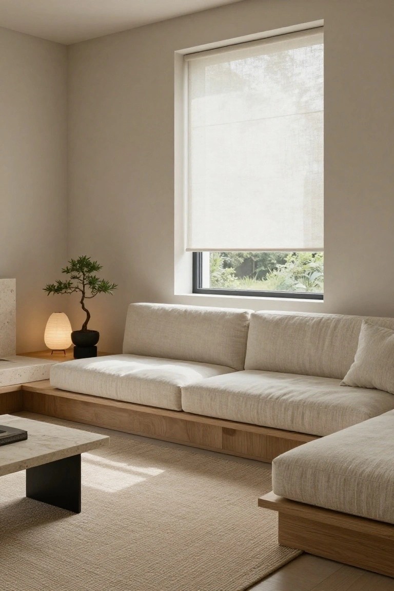 A beige low-profile L-shaped sofa on a wooden platform in a light gray living room with a bonsai tree, paper lamp, low black coffee table, seagrass rug, and large window with sheer shades.