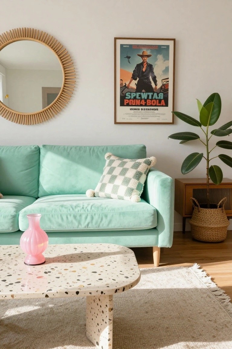 Bright living room with mint green velvet sofa, checkered knit pillow, white terrazzo coffee table holding pink vase, rattan mirror, vintage movie poster on wall, ficus plant next to wooden credenza with seagrass basket, beige rug on wood floor.