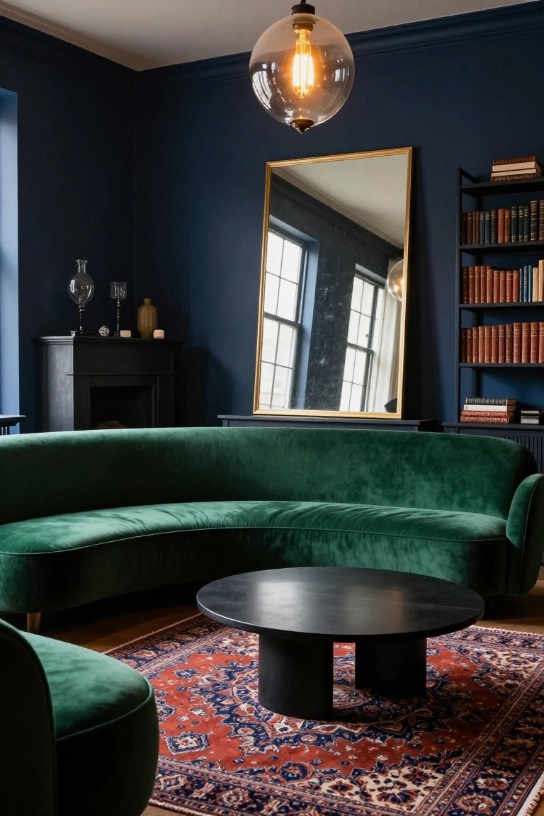 A living room with deep navy walls, curved emerald green velvet sofa, small matching chair, black round coffee table on red and navy Persian rug, gold mirror, bookshelves, and glassware on dark furniture.