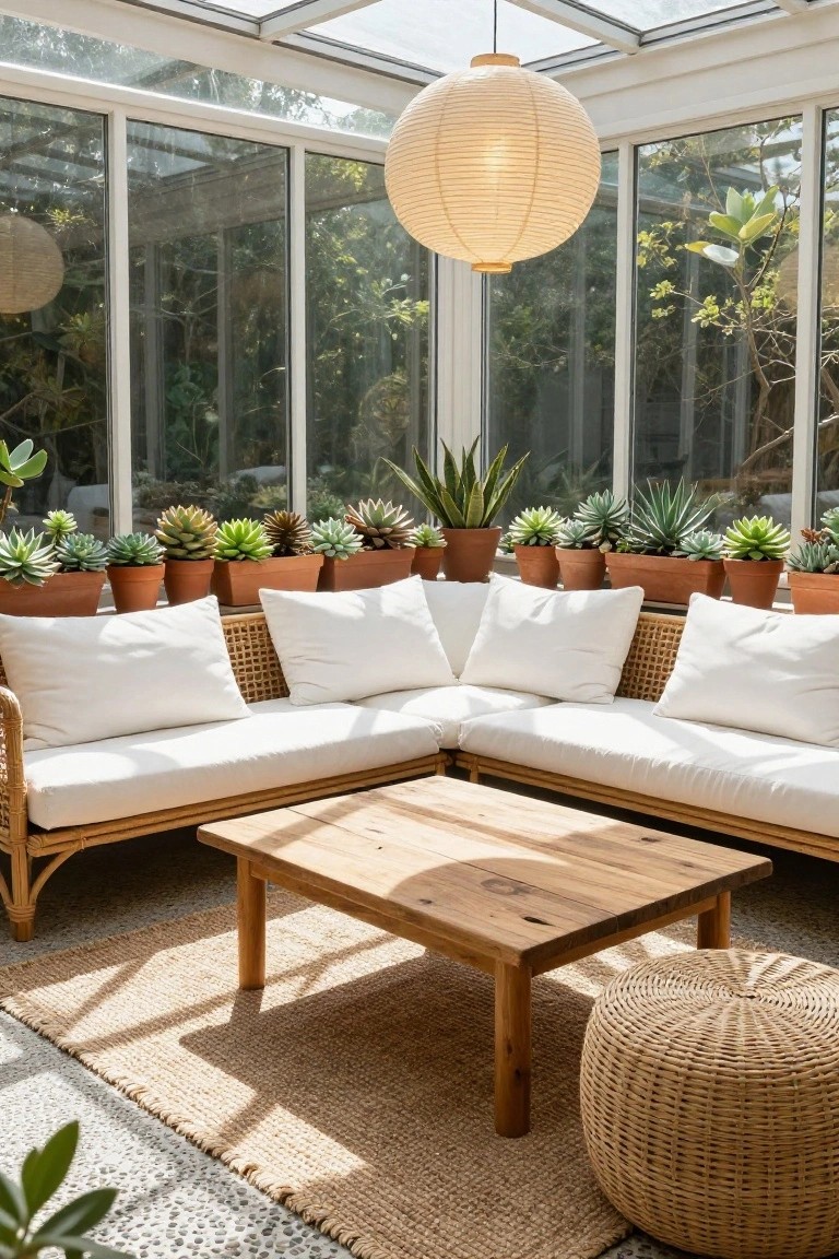 Glass-enclosed sunroom with white rattan L-shaped sofa, wooden coffee table, numerous potted succulents and plants on shelves and floor, hanging paper lanterns, and natural fiber rug on tiled floor.