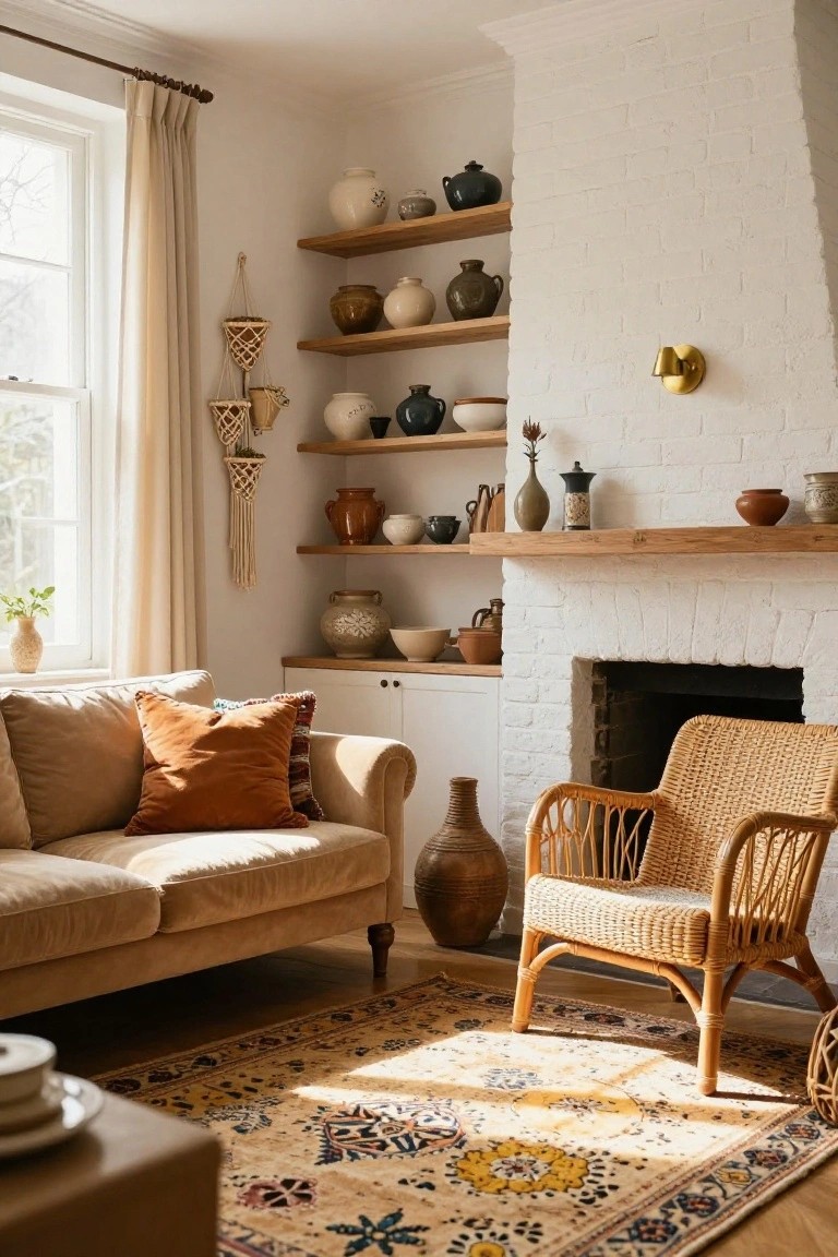 Cozy living room corner with wooden shelves displaying assorted ceramic pottery beside a white brick fireplace, a beige velvet sofa with orange pillows, rattan armchair, and patterned rug on hardwood floor.