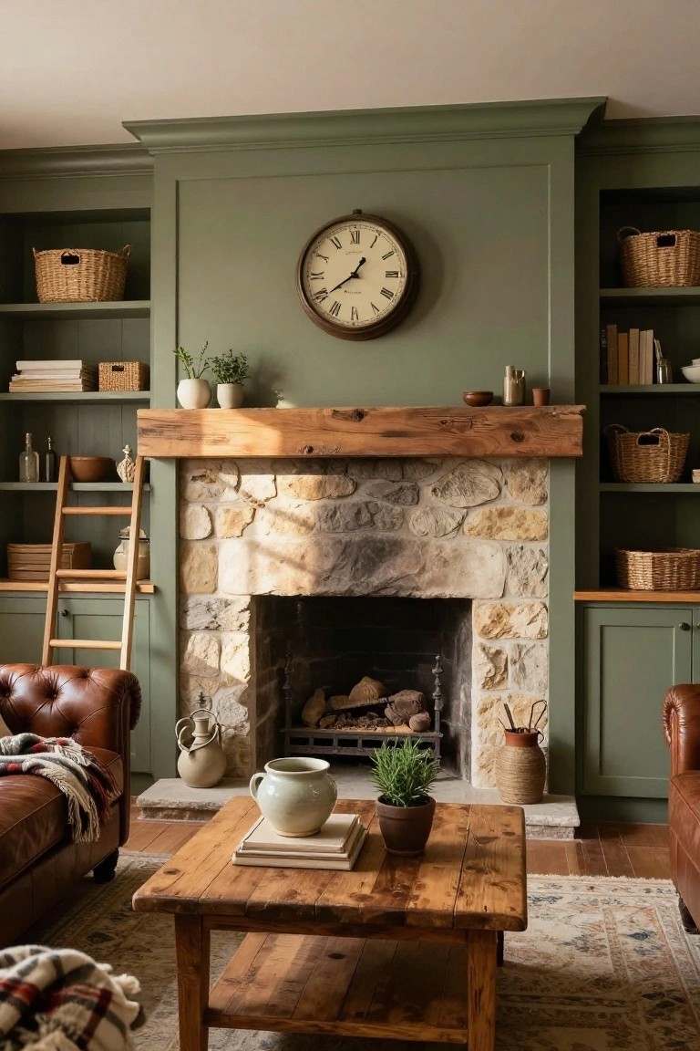 Living room with sage green built-in shelving and cabinets flanking a stone fireplace topped by a wooden beam mantel, leather sofa, wooden coffee table, woven baskets, and potted plants.